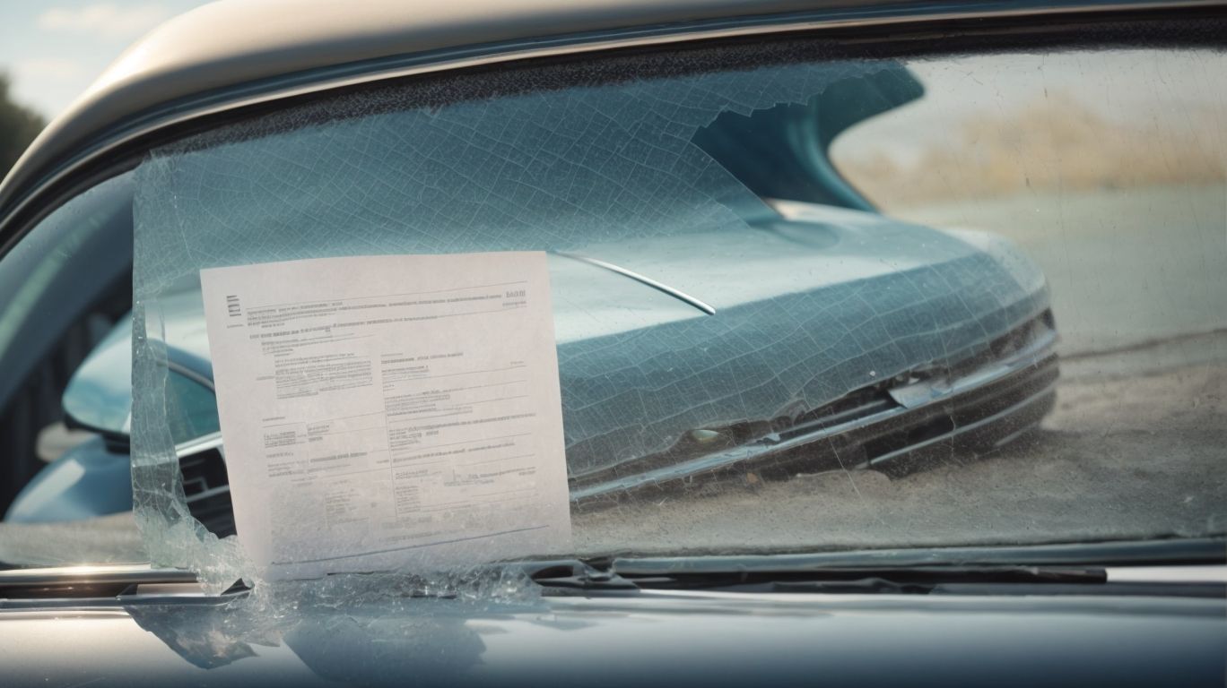 Document on a shattered car windshield, highlighting an auto glass claim in Florida, with the view of another car in the background suggesting an aftermath of a road incident.