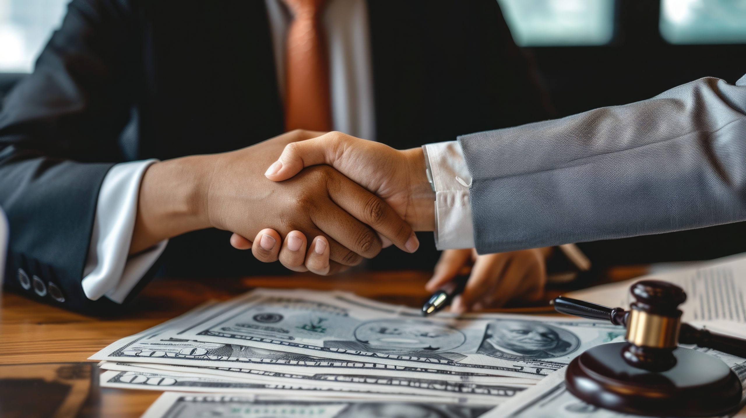Two individuals shaking hands over a table covered with documents and money, symbolizing a financial agreement or legal settlement involving big insurance strategies and insights.