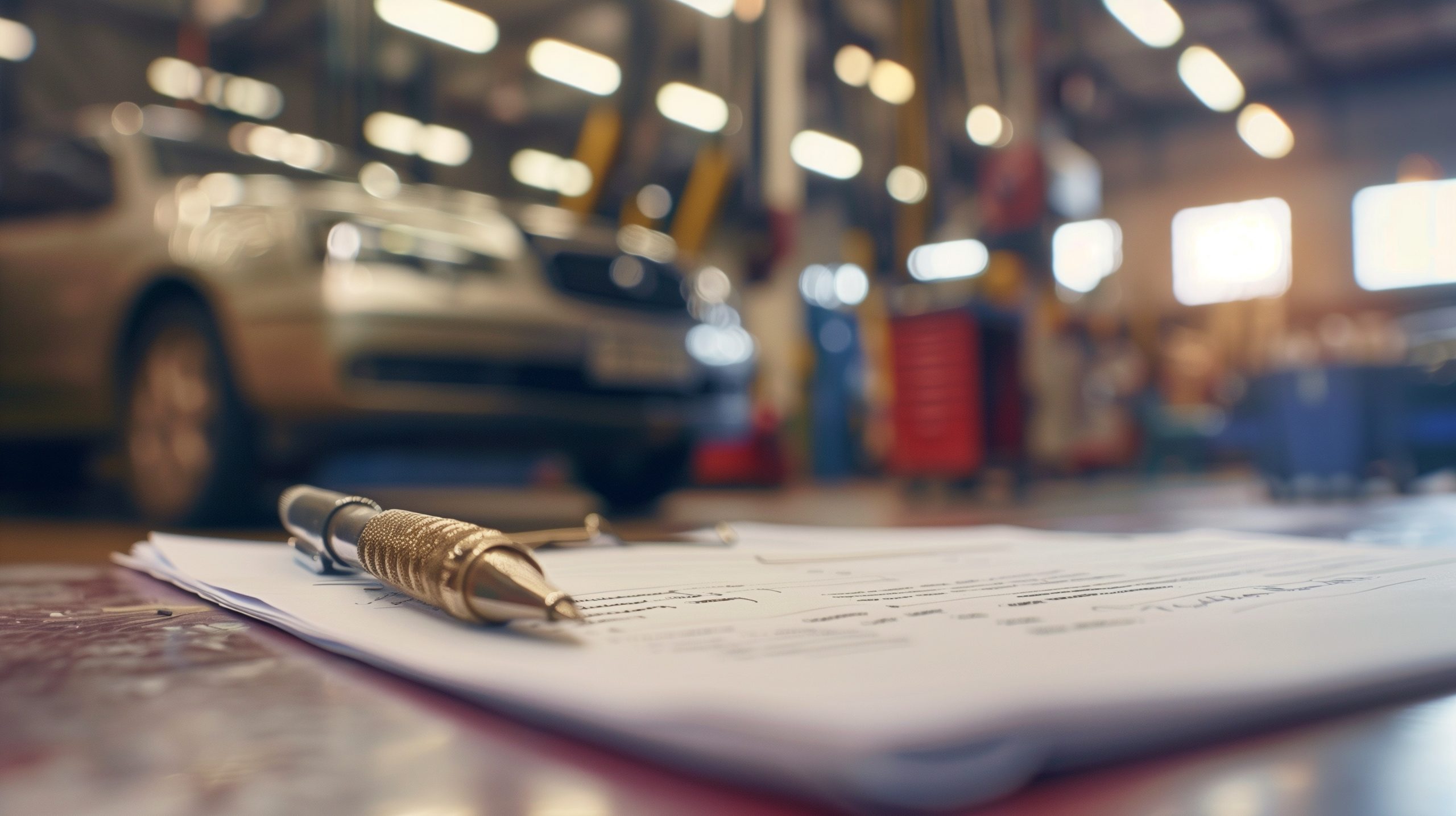 A close-up of a pen and documents related to insurance claims on a workbench in an auto repair shop, with a blurred background showing a car hoisted for service and tools hanging.