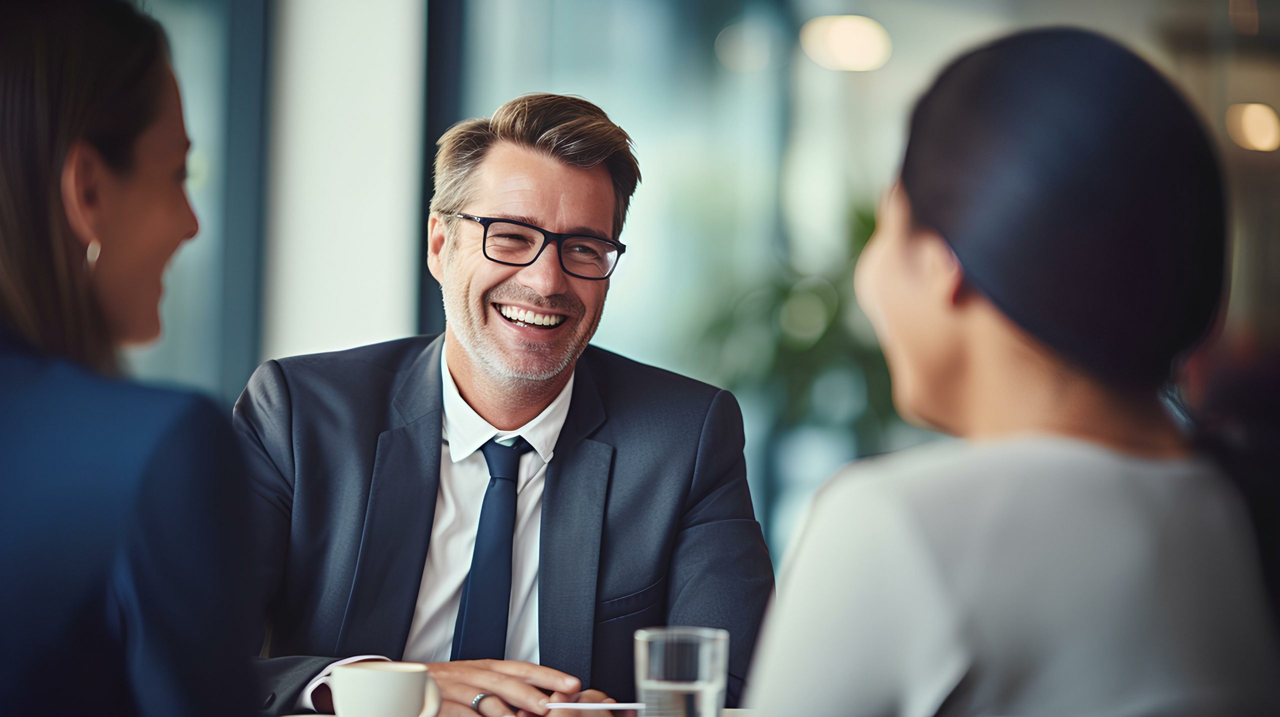 A smiling man in a suit and glasses, possibly an attorney, is sitting at a table with two women—one partially visible from behind and the other from the side. They appear to be in a modern office setting, engaging in a lively conversation about efficient communication tips.