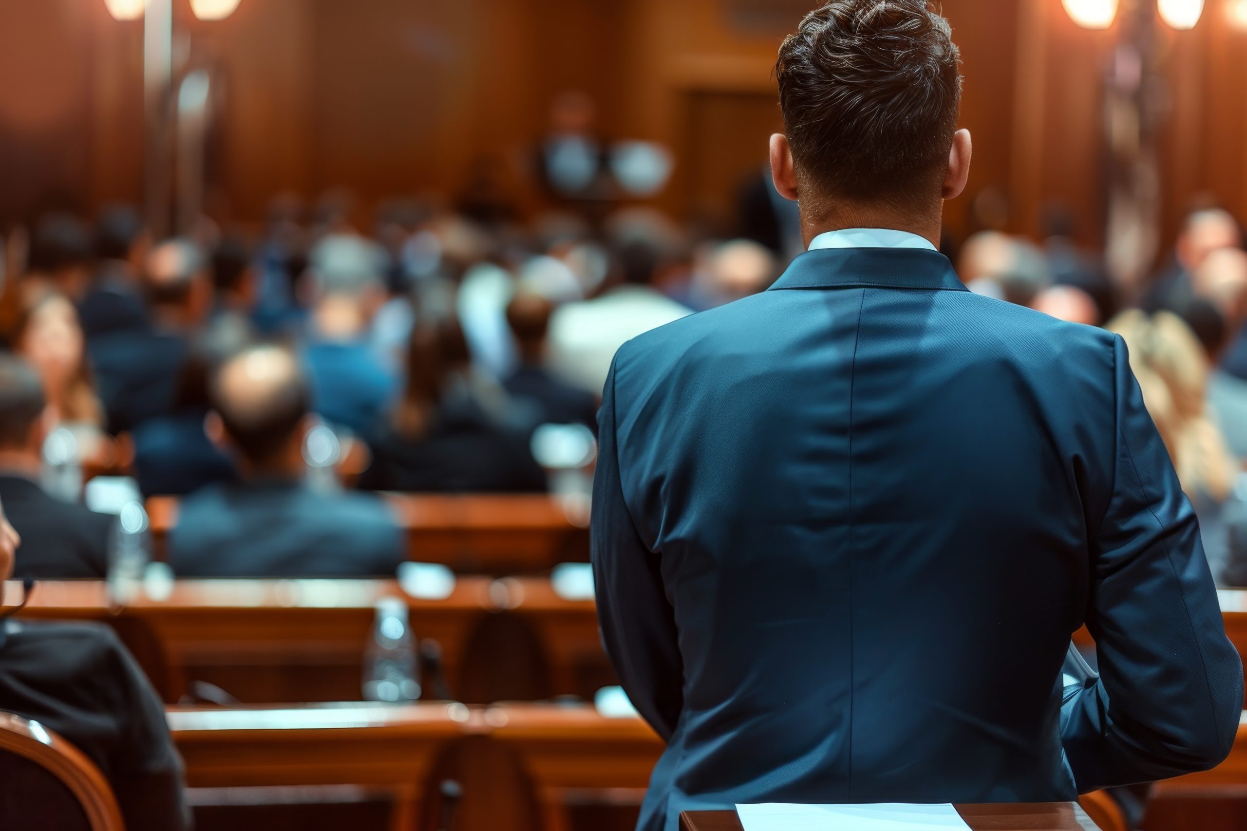 A man in a blue suit stands at a podium, addressing an audience in a large, formal setting. The room is filled with seated individuals attentively listening, suggesting a court appearance. The background is blurred, emphasizing the speaker’s position at the forefront.