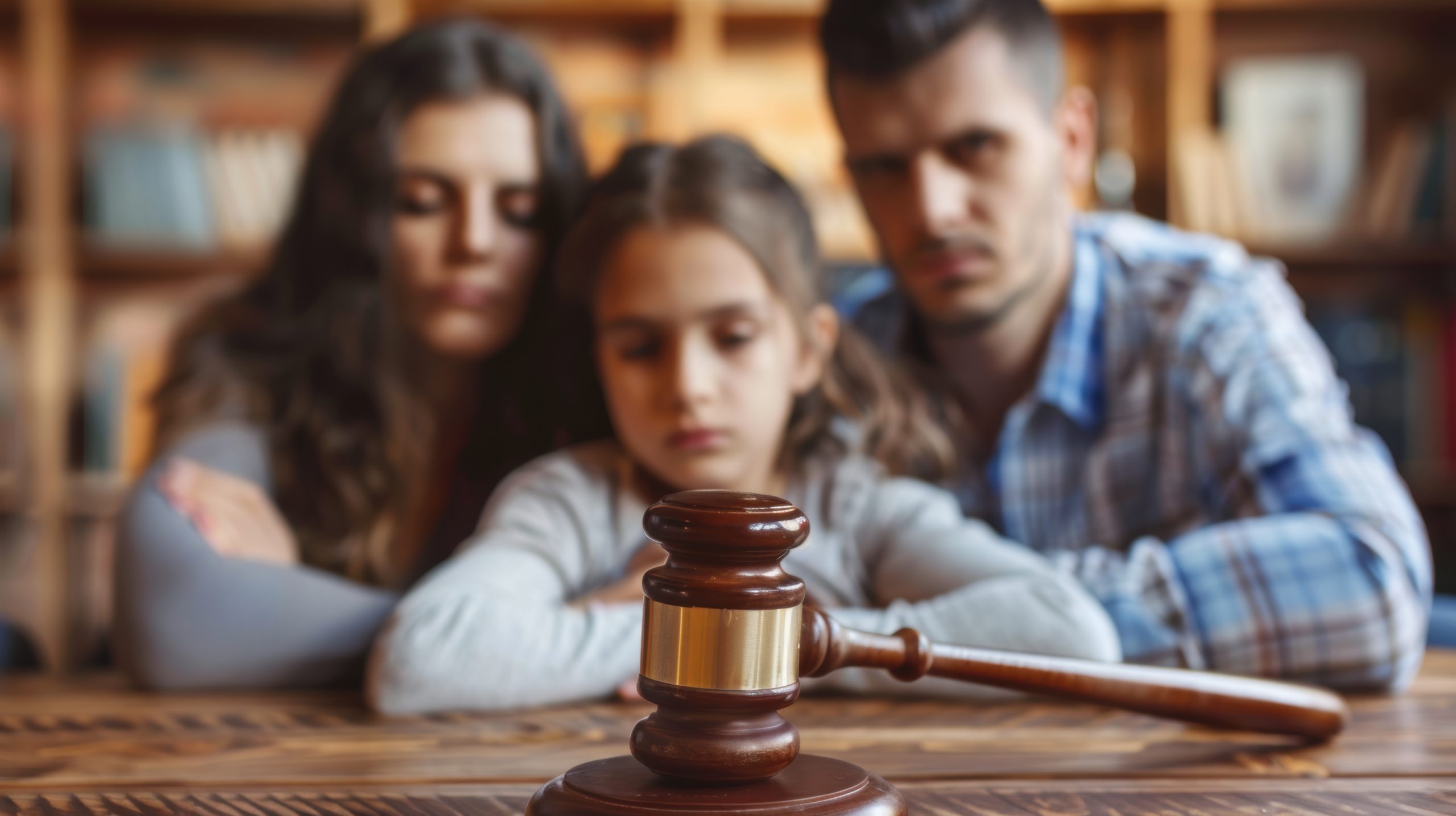 A solemn family, consisting of a man, woman, and child, sits behind a judge’s gavel that is prominently placed on a wooden table. They look distressed and deep in thought, suggesting they are facing serious legal cases. Bookshelves are blurred in the background.