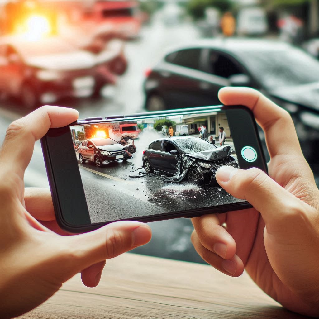 Close-up of hands holding a smartphone capturing an image of a car accident. The scene on the phone shows a heavily damaged car amid other vehicles and an emergency vehicle with flashing lights in the background. The road is wet, suggesting recent rain, highlighting potential pitfalls in personal injury cases.