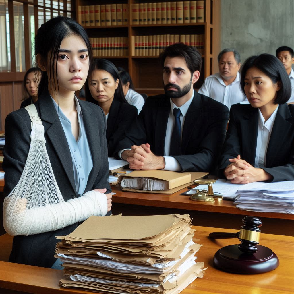 A young woman with a bandaged arm stands in a courtroom. Several people are seated at a table beside her, surrounded by legal documents and a gavel that underscore elements of personal injury law. Bookshelves and onlookers fill the background, creating a serious and focused atmosphere.