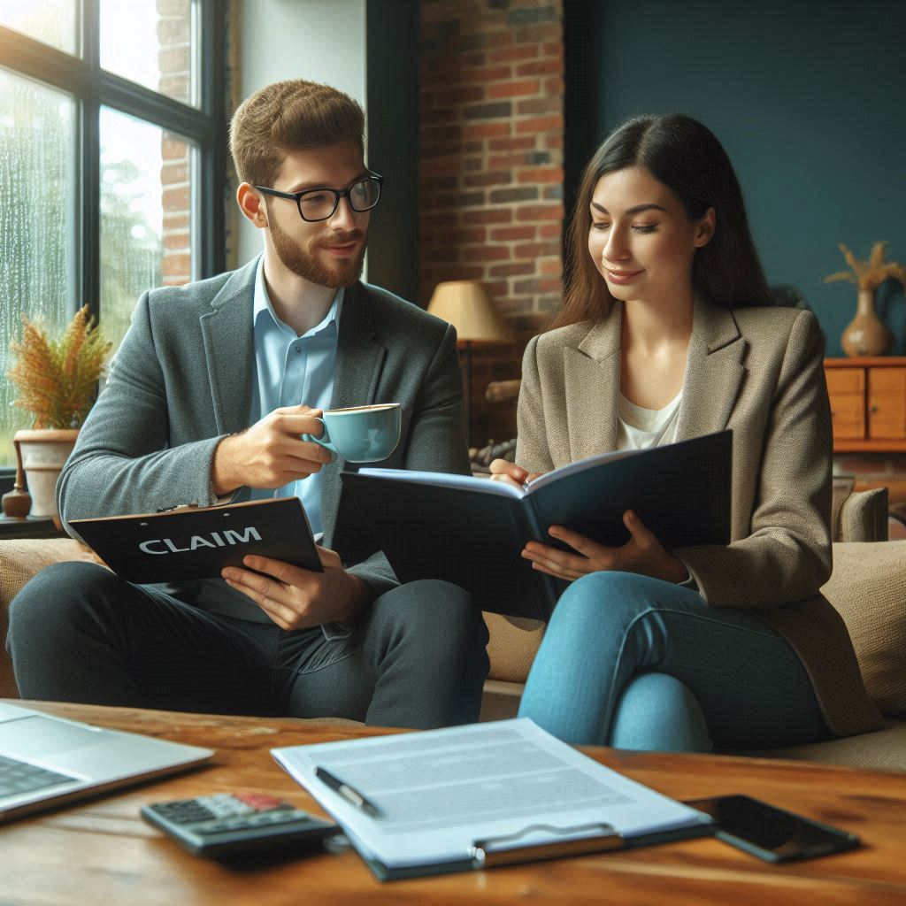 A man and a woman sit on a couch, reviewing documents. The man in glasses holds a mug and a folder labeled "CLAIM." The woman, smiling, holds an open binder. A laptop, paperwork, and a calculator lie on the wooden table in front of them as they discuss pitfalls in personal injury cases.