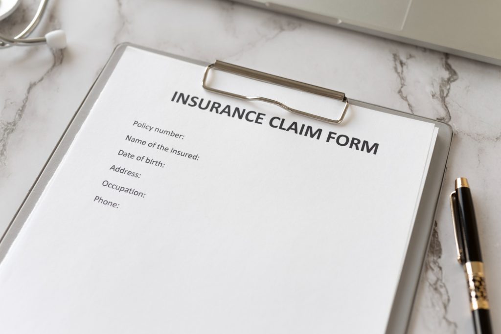 A blank insurance claim form on a clipboard with sections for policy number, name of the insured, date of birth, address, occupation, and phone number. The clipboard rests on a marble surface, with a pen beside it and part of a stethoscope visible—reminding one to avoid pitfalls in personal injury cases.