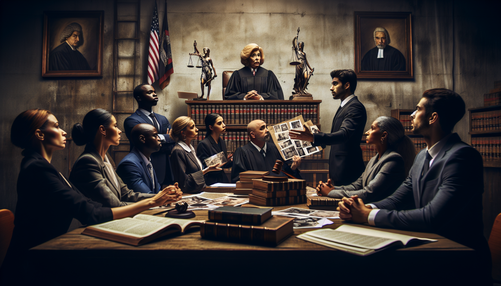 A courtroom scene with a judge presiding over a lawsuit. Lawyers, witnesses, and jury members are engaged in intense consultation around a table filled with documents and books. Statues and paintings adorn the background, adding to the solemn atmosphere.