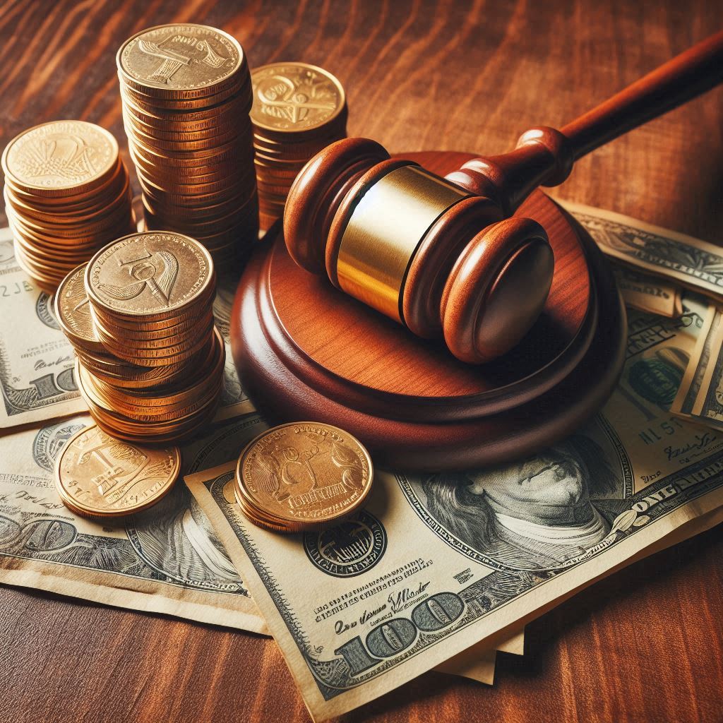 A wooden gavel rests on a brown table surrounded by stacks of gold coins and scattered U.S. dollar bills, suggesting themes of personal injury law, finance, and wealth.