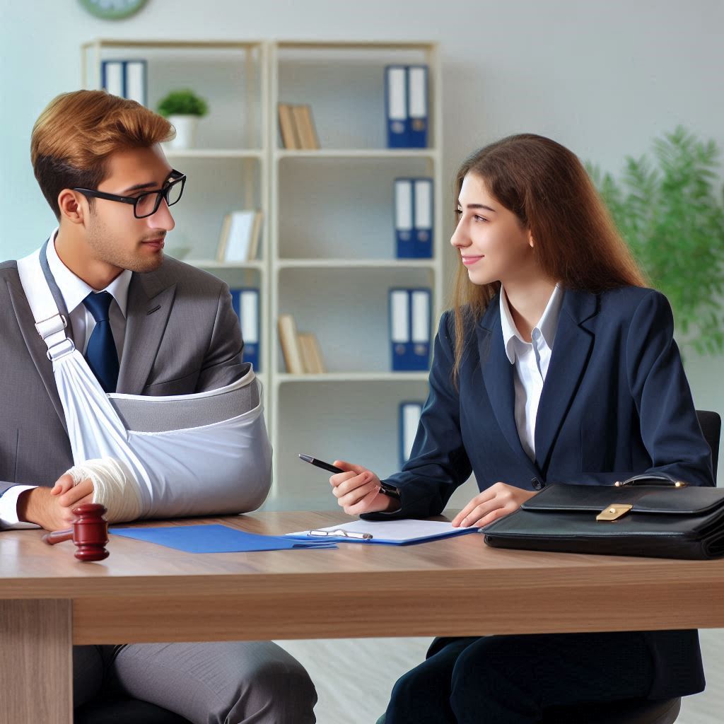 A man with his arm in a sling and glasses sits at a desk across from a woman holding a pen. Both are dressed in business attire. They appear to be in an office setting with bookshelves and folders in the background. A gavel and documents related to personal injury law are on the desk.