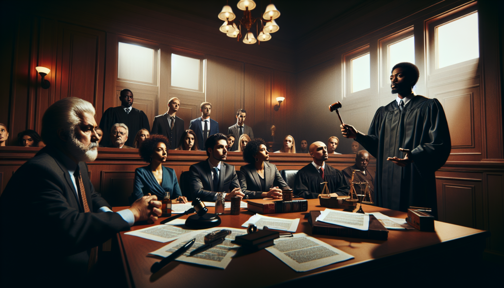 A serious courtroom scene features a judge standing with a gavel, ready to make a decision in the ongoing lawsuit. Attorneys and clients are seated at tables with various documents, engaged in intense consultation. The jury and spectators observe attentively from the background in the dimly lit, wooden-paneled room.