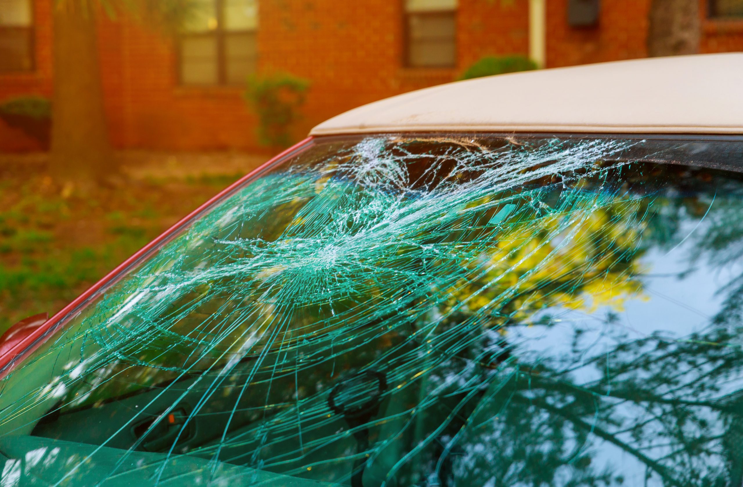 A car’s cracked windshield showcases extensive fractures, with shattered glass reflecting green and yellow tree branches. Behind the vehicle, a brick building and some bushes are visible. Consider filing tips for an insurance claim to address the damage efficiently.